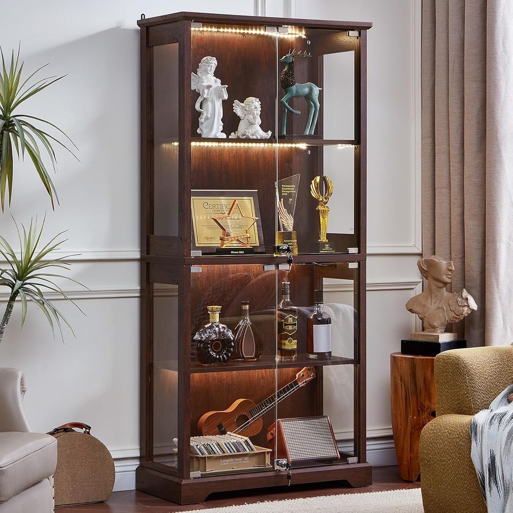 Lighting & Home Decor Studio - Walnut Glass-Door Display Cabinet with 3-Color