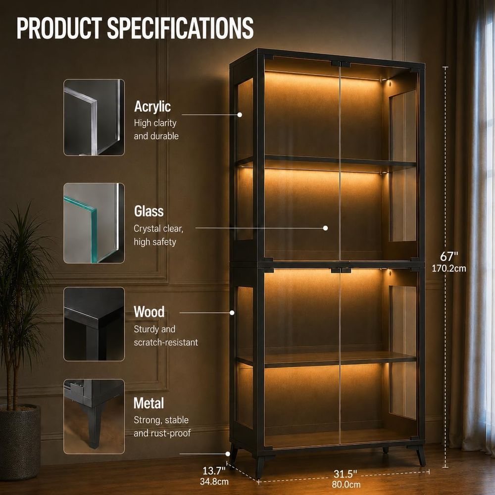 4-Tier Glass Display Cabinet w - Lighting & Home Decor Studio 리뷰 및 가격